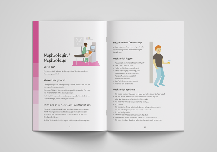 Auf dieser Doppelseite der aufgeschlagenen Broschüre geht es um den Nephrologen oder die Nephrologin. In zwei Illustrationen wird einmal eine Untersuchung und einmal ein Patient gezeigt, der an eine Tür klopft. Im Text stehen Antworten auf die sechs Fragen, die in der Pressemitteilung aufgelistet sind.