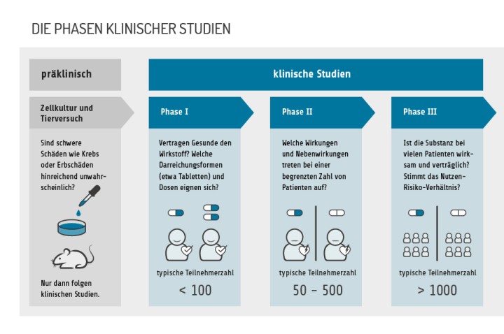 Infografik: Die Phasen klinischer Studien. Klinische Studien haben drei Phasen. Davor gibt es ein präklinisches Stadium, in dem ein Wirkstoff in Zellkulturen und im Tierversuch untersucht wird: Sind schwere Schäden wie Krebs oder Erbgutschäden hinreichend unwahrscheinlich? Nur dann folgen klinische Studien. In Phase-eins-Studien geht es darum, ob Gesunde den Wirkstoff vertragen, und welche Darreichungsformen (etwa Tabletten) und Dosen geeignet sind. An Phase-eins-Studien nehmen typischerweise unter 100 Menschen teil. In Phase-zwei-Studien wird geklärt, welche Wirkungen und Nebenwirkungen bei einer begrenzten Zahl von Patientinnen und Patienten auftreten. Typisch sind 50 bis 500 Personen. In Phase-drei-Studien stellt man fest, ob die Substanz bei vielen Patientinnen und Patienten wirksam und verträglich ist. Stimmt das Nutzen-Risiko-Verhältnis? Das wird typischerweise an über 1000 Personen ermittelt. An die Zulassung, die auf klinischen Studien basiert, kann sich eine Phase vier anschließen. In ihr erhebt man weitere Daten, um Wissenslücken zu schließen und die Patientensicherheit zu gewährleisten.
