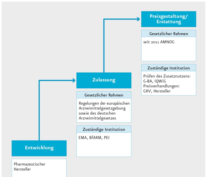 Das Arzneimittel im deutschen Gesundheitssystem: eine Grafik. Auf unterschiedlichen Wegen erreicht ein neu entwickelter pharmazeutischer Wirkstoff die Patientinnen und Patienten? Die Zulassung regeln europäische und deutsche Arzneimittelgesetze. Zuständige Behörden sind die Europäische Arzneimittelagentur (EMA), das Bundesinstitut für Arzneimittel und Medizinprodukte (BfArM) oder das Paul-Ehrlich-Institut (PEI). Diese Behörden prüfen, ob ein positives Nutzen-Risiko-Verhältnis vorliegt. Soll ein Arzneimittel nur in Deutschland auf den Markt kommen, prüft das BfArM das Arzneimittel auf Wirksamkeit, Unbedenklichkeit und Qualität. Handelt es sich um biomedizinische Arzneimittel, wie beispielsweise Impfstoffe, ist das Paul-Ehrlich-Institut zuständig. Soll ein neuer Wirkstoff in allen Ländern des europäischen Wirtschaftsraumes zugelassen werden, was zum Beispiel bei schweren Erkrankungen wie Krebs erforderlich ist, bearbeitet die EMA als zentrale europäische Behörde die Zulassungsunterlagen. Die Erstattung durch die gesetzliche Krankenversicherung sowie die Preisgestaltung von neu zugelassenen Arzneimitteln regelt seit 2011 das Arzneimittelmarktneuordnungsgesetz (AMNOG). Weist der Hersteller einen Zusatznutzen gegenüber einer zweckmäßigen Vergleichstherapie nach, handeln Vertreter der gesetzlichen Krankenversicherung (GKV) und pharmazeutischer Hersteller den Erstattungsbetrag aus. Ob ein Zusatznutzen belegt ist, überprüfen regelhaft IQWiG und Gemeinsamer Bundesausschuss (G-BA).