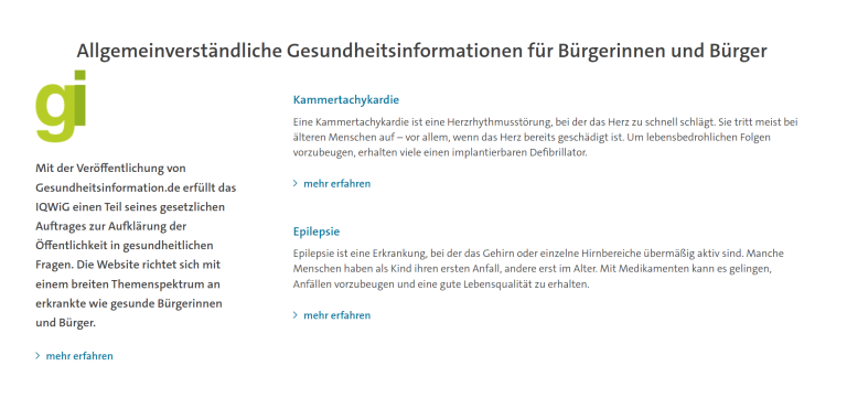 Bild vom Bereich auf der Startseite, der zur Seite gesundheitsinformation.de führt