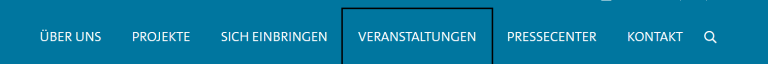 Menüleiste. Schwarz umrandet ist der Punkt "Veranstaltungen"