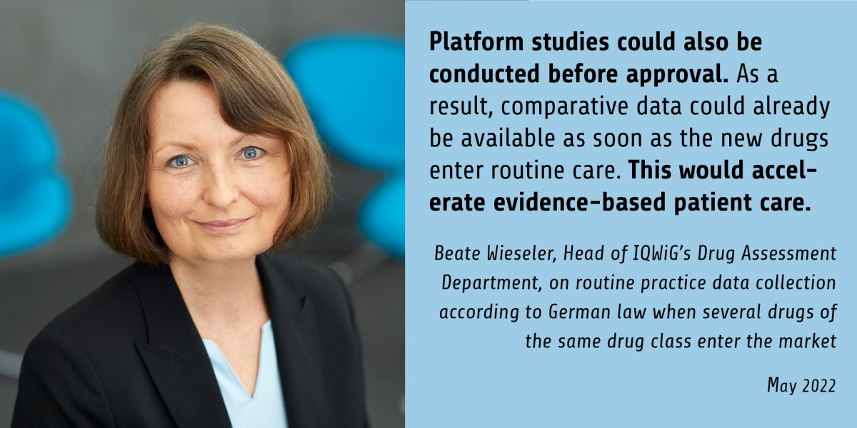 Portrait of Beate Wieseler, Head of IQWiG’s Drug Assessment Department . The Quote is the same as in the text of the press release.