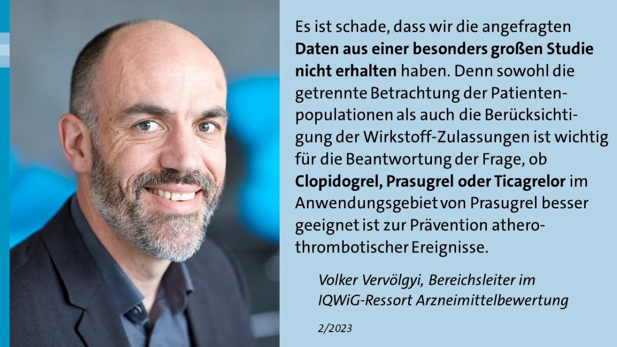 Zitatbild mit einem Porträt von Volker Vervölgyi, Bereichsleiter im IQWiG-Ressort Arzneimittelbewertung. Text wie in der Pressemeldung.