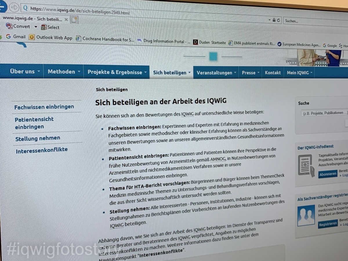 Screen showing a page on the IQWiG website aimed at external experts. The heading reads: “Taking part in IQWiG's work.”