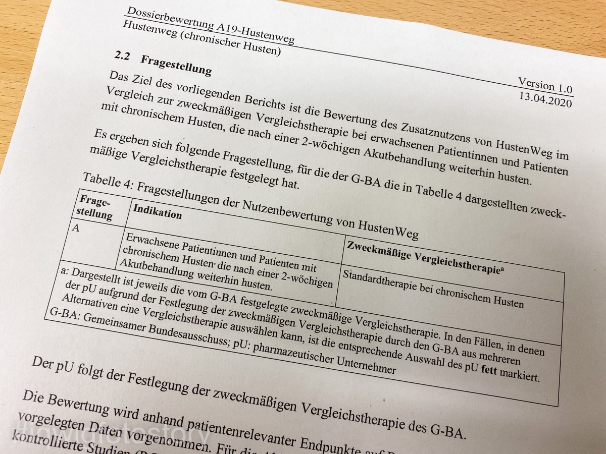 Printout of the draft of the dossier assessment where the exact research question and the appropriate comparator therapy are specified.