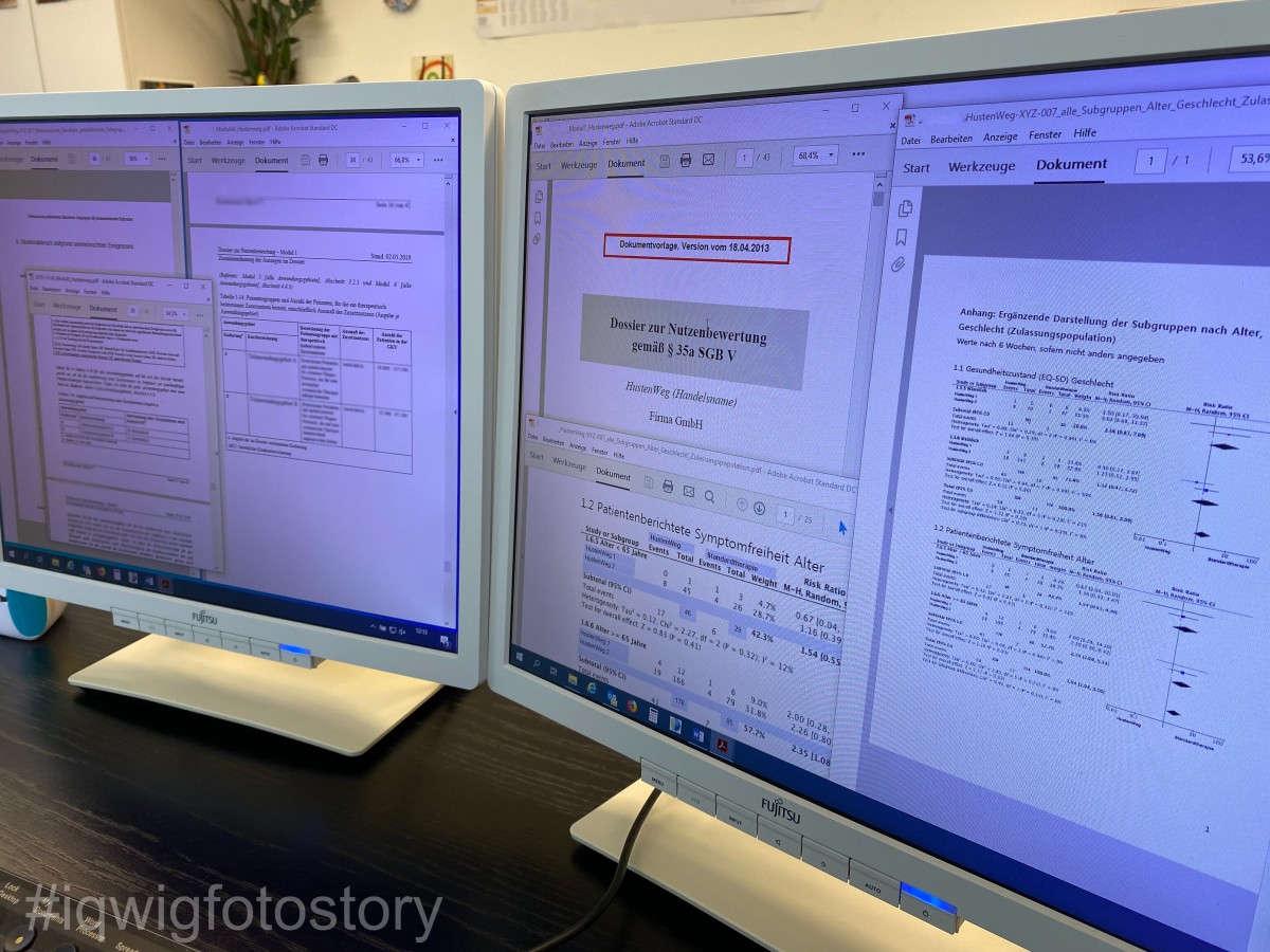 Two screens, each with at least three open windows, showing tables and text from dossiers, statistical calculations, diagrams, etc.