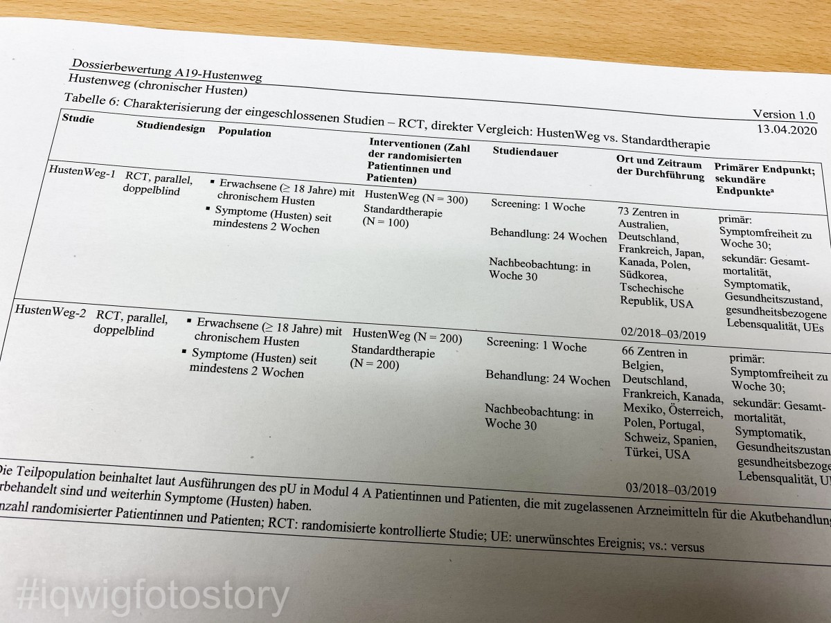 Ausdruck aus dem Entwurf der Dossierbewertung, auf dem die beiden vom Hersteller angeführten klinischen Studien in Tabellenform beschrieben sind.