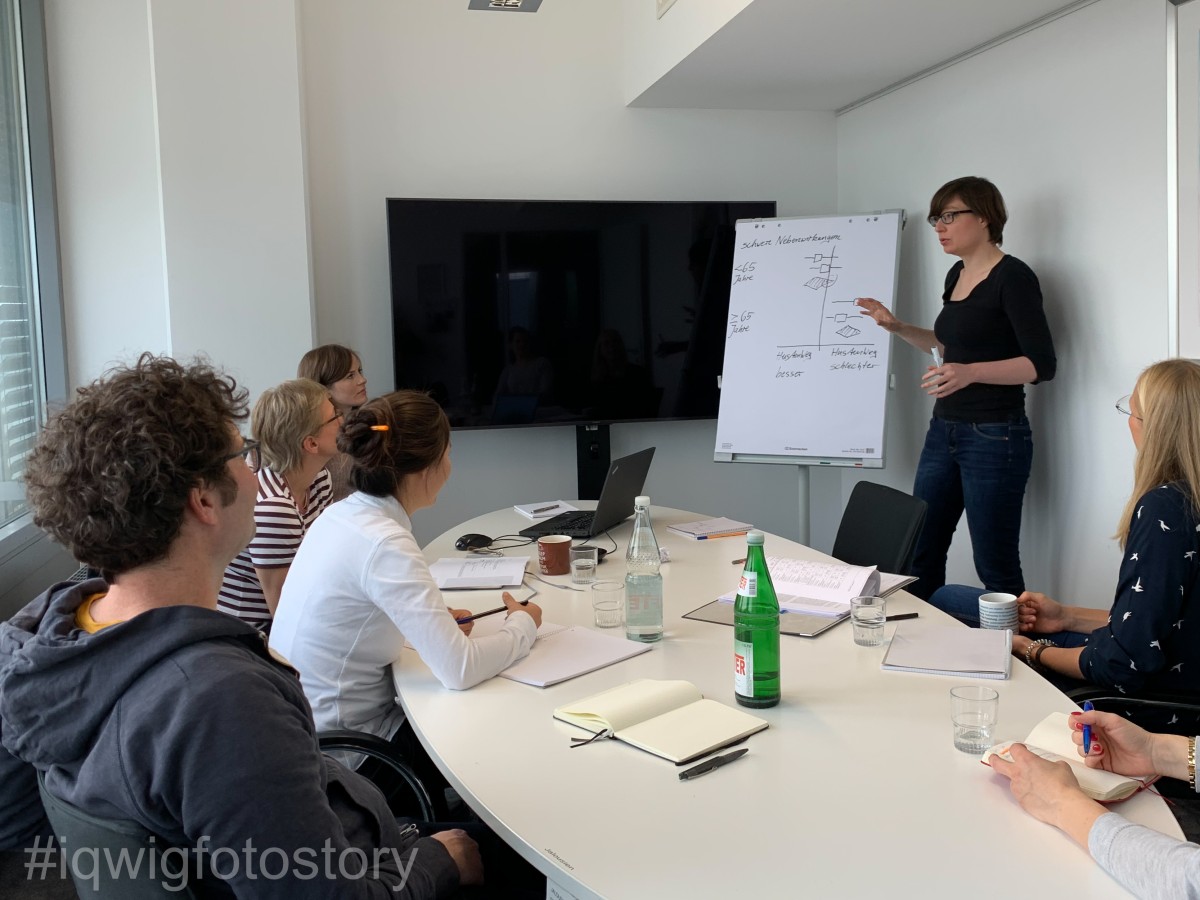 Menschen sitzen an einem ovalen Tisch. Sie schauen nach vorne und folgen aufmerksam einer Präsentation. Auf dem Tisch befinden sich Schreibutensilien, Wasserflaschen, Trinkgläser und ein Laptop. Vor dem Tisch auf der rechten Seite steht eine Frau mit braunen, mittellangen Haaren und hält die Präsentation. Sie trägt eine Brille, ein schwarzes Oberteil und blaue Jeans. Links neben ihr steht ein beschriftetes Flipchart. Links neben dem Flipchart steht ein großer Bildschirm.